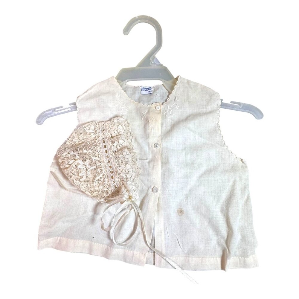 Vintage Made in Phillipines Handmade Baby Vest Shirt Button Up & Bonnet Set READ